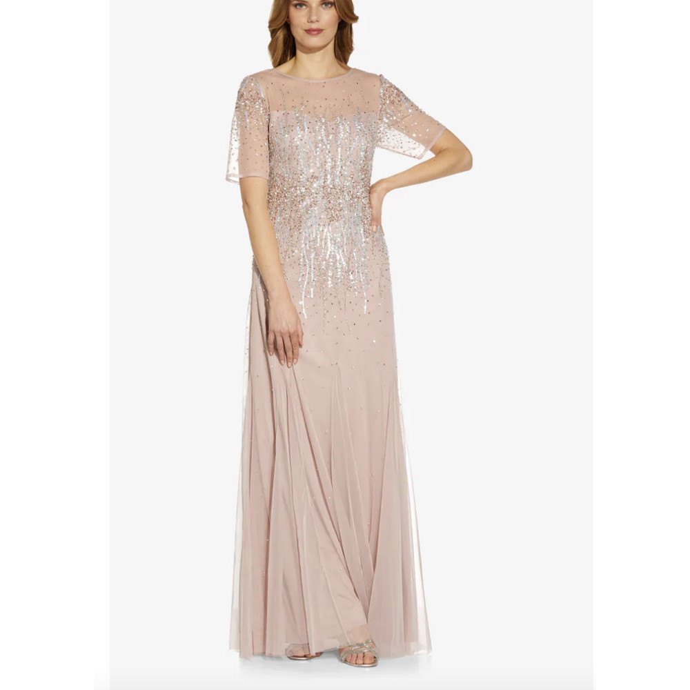 NWT Adrianna Papell HAND-BEADED MESH COVERED GOWN | Cameo Pink | Sz 14. NEW!